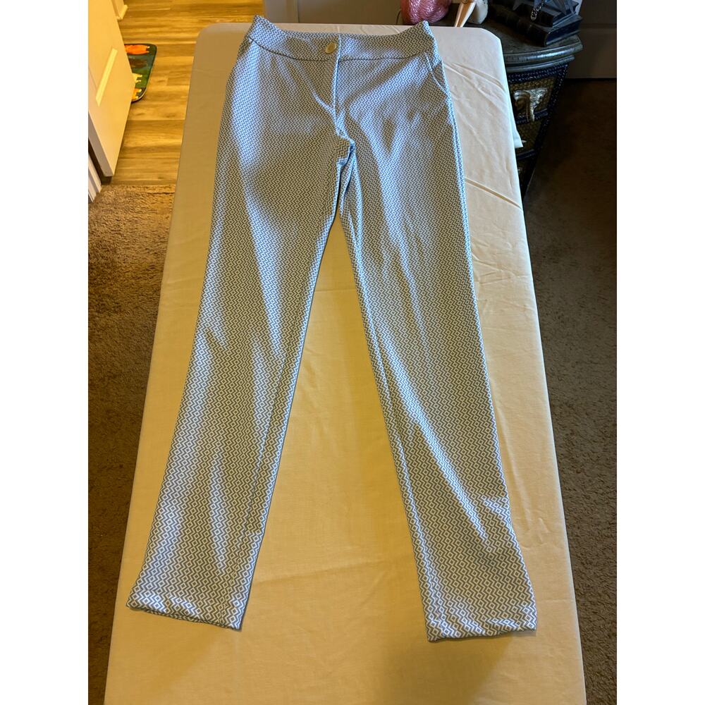 Sublini Blue Geometric Pants Womens M Slim Straight Stretch Mid Rise 50’s style